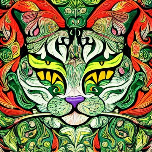 colourful ornate decorative green man as a cat face by louis wain and william morris, closeup, twisting leaves, abstract psychedelic, 8 k, artstation 