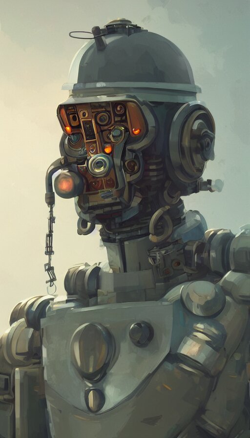 a dieselpunk robot, portrait, humanoid, sharp focus, james gilleard, cinematic, game art, extremely detailed digital painting 