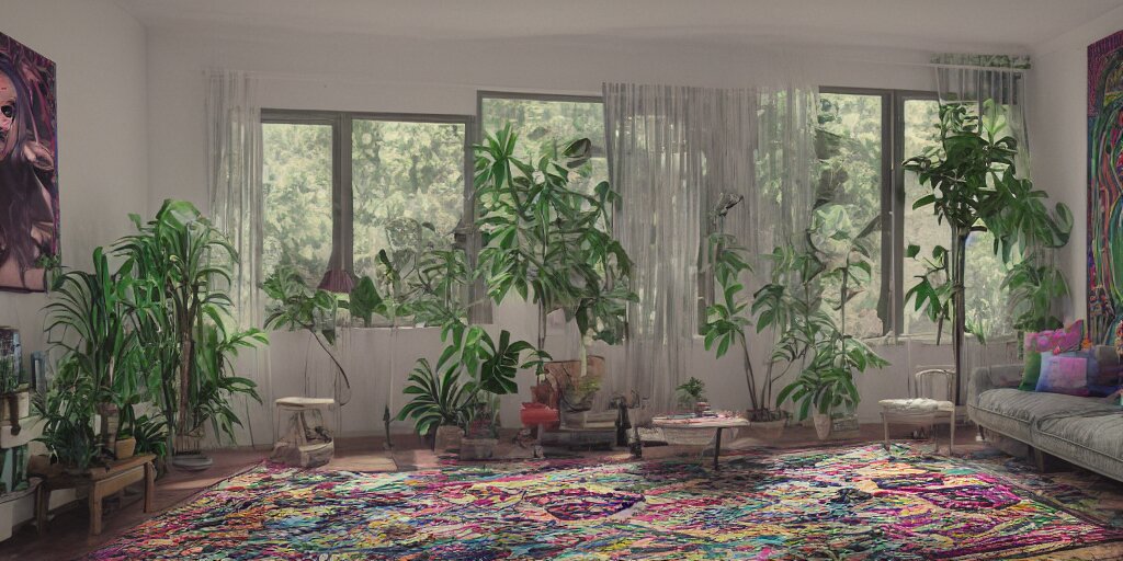 1 9 6 9 living in an older house, hippie pad, hippie chic, antiques, tropical houseplants, beaded curtains, posters on the walls, persian rugs, artstation, v - ray render, 8 k 