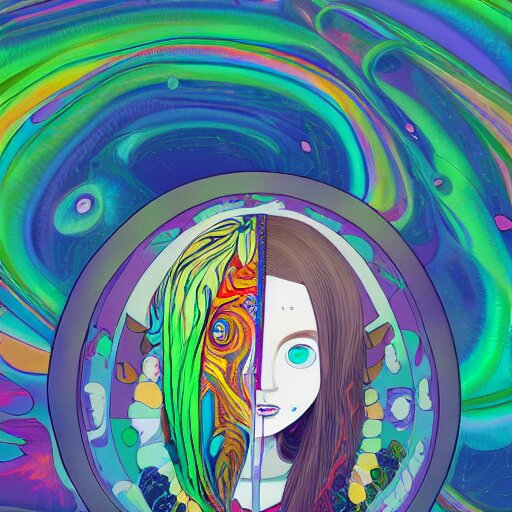 a psychedelic portait of a girl by takashi murakami,, beeple and james jean, aya takano color style, 4 k, super detailed, night sky, digital art, digital painting, celestial, majestic, colorful 