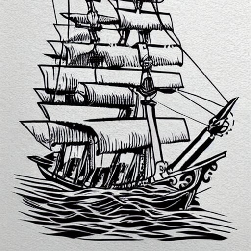 a pirate ship sailing in the sea, realism tattoo design, amazing shades, clean white paper background, in the style of david vega