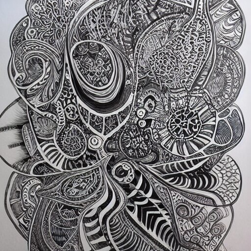 a hyper detailed organic biomorphic black and white ink drawing of a super symmetrical mandala lizzie snow zen pattern zentangle henna hyper realism crazy detail 