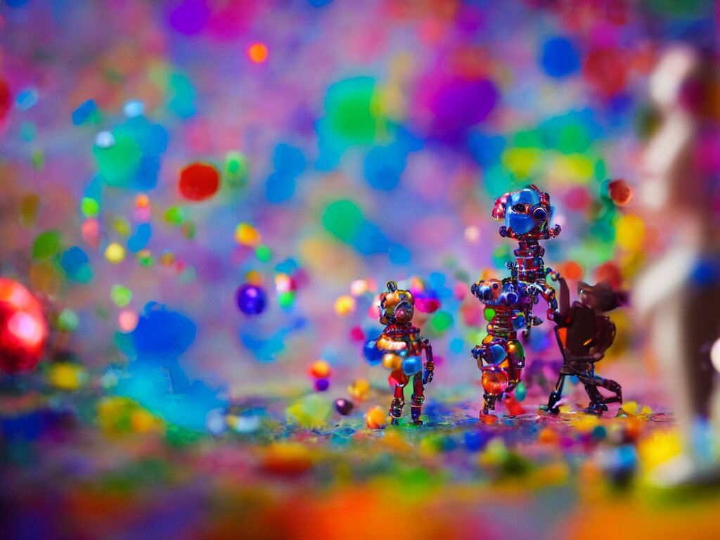 a cinematic film still of a claymation stop motion film, a gay mage and his artist boyfriend in a colorful glass universe, making robotic kittens, shallow depth of field, 8 0 mm, f 1. 8 