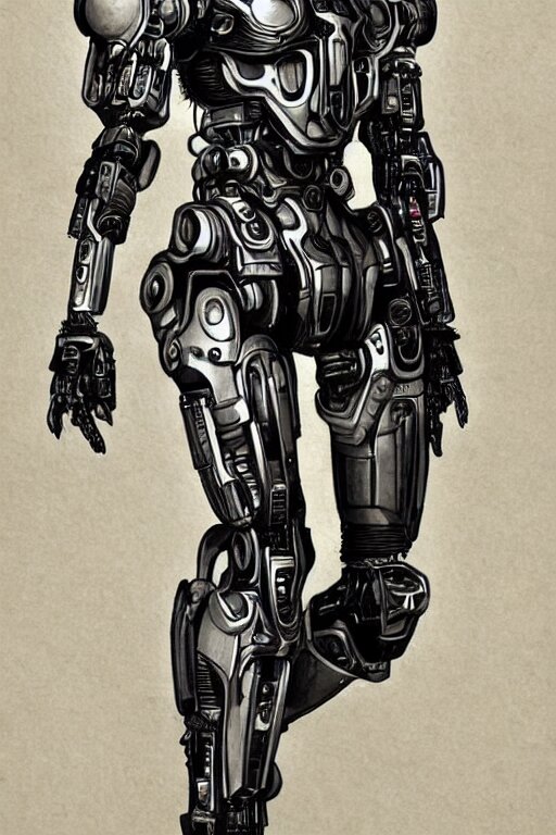 full body illustration female cyborg, highly detailed, sumi - e art, suiboku - ga ink, by kim jisu, pen and ink monochrome, mecha, deviantart, artstation, pinterest 