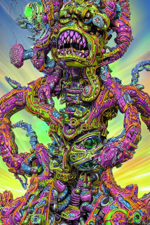 hyper-maximalist lowbrow style overdetailed 3d sculpture of a monster by clogtwo and ben ridgway inspired by beastwreckstuff chris dyer and jimbo phillips. Cosmic horror infused retrofuturist style. Hyperdetailed high resolution. Render by binx.ly in discodiffusion. Dreamlike surreal polished render by machine.delusions. Sharp focus. 