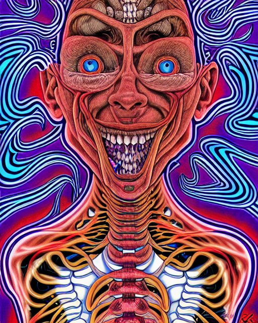 Human Body breaking away, Conjuring Psychedelic Illustration, part by Shintaro Kago, part by Alex Gray, ultra realistic, highly detailed, 8k, symmetry, grotesque, vibrant,