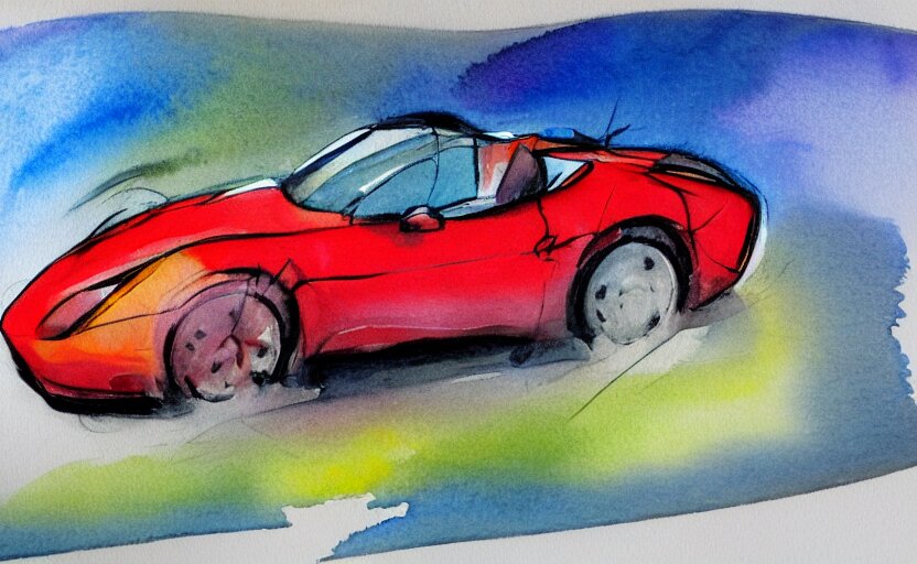 colorful watercolor sketch, sport car 