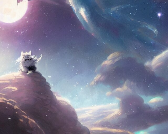 one cartoonish kitty dressed as Gandalf floating alone in space, bright stars, anime, a fantasy digital painting by Greg Rutkowski and James Gurney, trending on Artstation, highly detailed