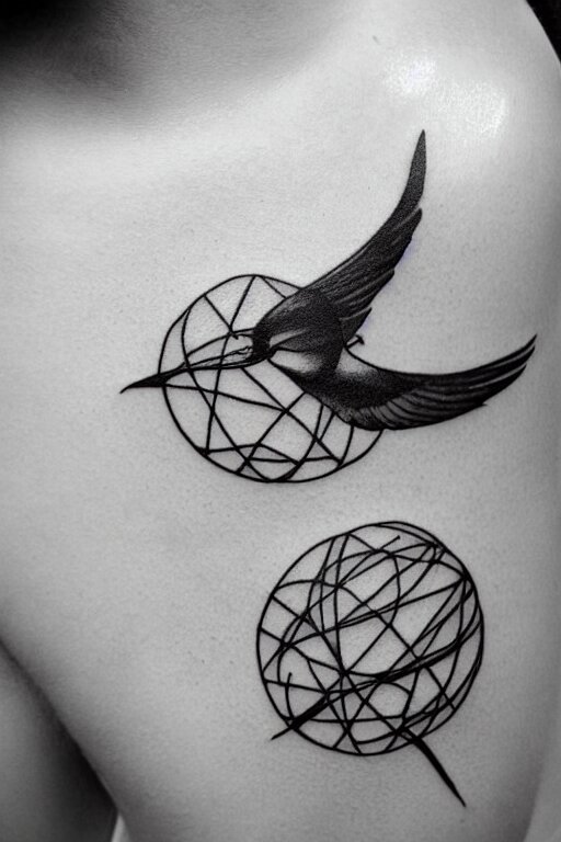 a beautiful tattoo design of minimalist swallows flying into spherical lines and simple basic shapes, black ink, abstract logo, line art 