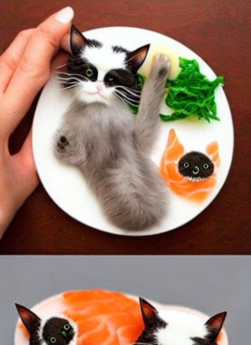 clear photorealistic picture of adorable cats made out of sushi 