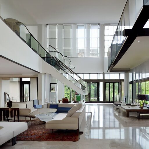 A modern style living room with floor to ceiling glass windows on the left and wooden stairs going upstairs on the right, two white sofas with a white marble table in the center, stairs to the second floor, 8k resolution, professional interior design photograph, wide angle photograph