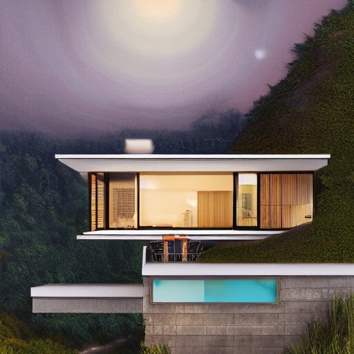 realistic extremely detailed photo real portrait painting of a mid-century modern house on cliff, in moon light, elegant, moody vibrant colors, herman miller, octane render, 4k