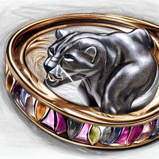 sketch of four points of view of a complex ring with a complex cameo ornament of a panther, technical sketch, rose gold, gems, high coloration, ambient lightning, highly detailed, 8 k 