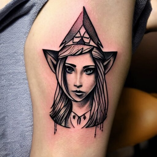 tattoo design, stencil, portrait of princess zelda in a bikini by artgerm, symmetrical face, beautiful, triforce 