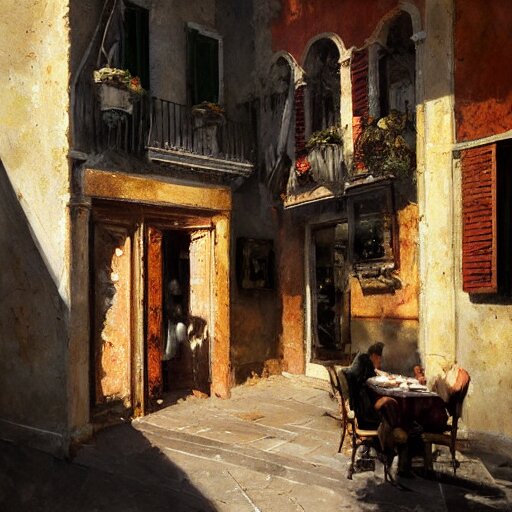 italian restaurant in venice, sunny, shadows, craig mullins 