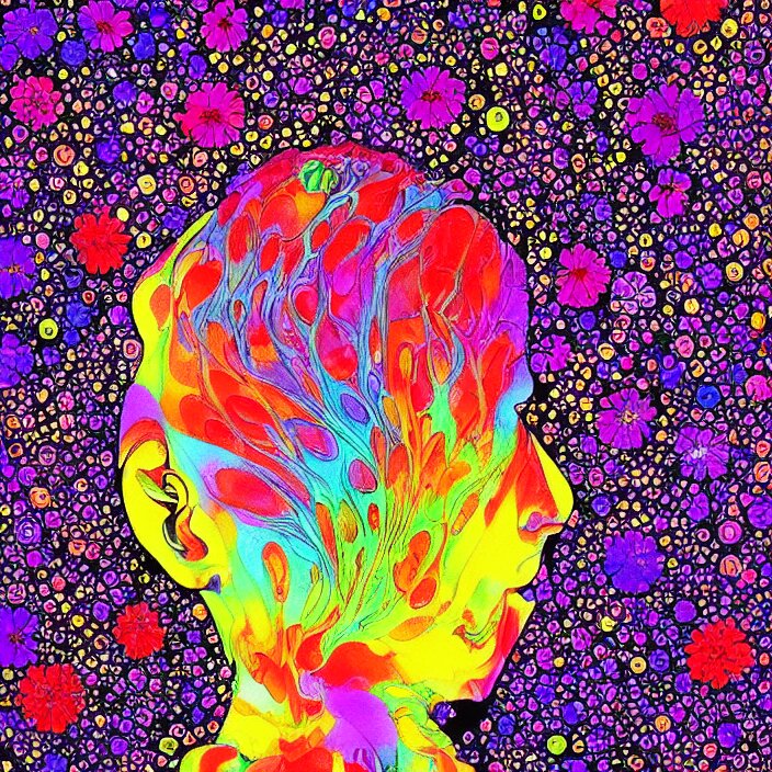 illustration of a colorful melting human head. flowers and blossoms, ferrofluids, burning water distortions. intricate abstract. intricate artwork by katsuhiro tomo 