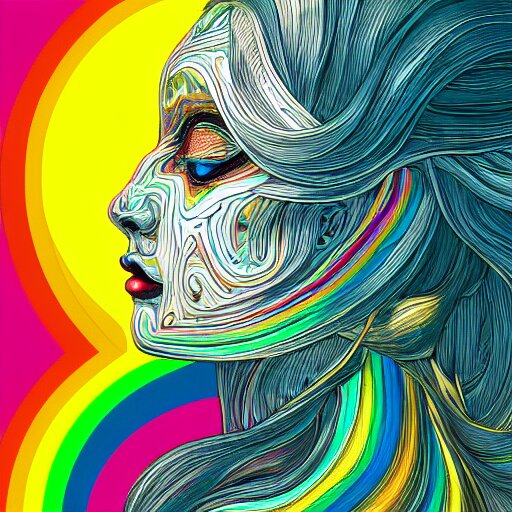 the head of a beautiful woman partially made of rainbows, an ultrafine detailed illustration by james jean, final fantasy, intricate linework, bright colors, behance contest winner, vanitas, angular, altermodern, unreal engine 5 highly rendered, global illumination, radiant light, detailed and intricate environment 