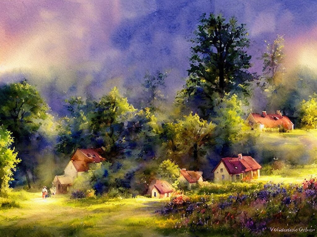 a beautiful night in the swedish countryside, watercolor painting by vladimir volegov 