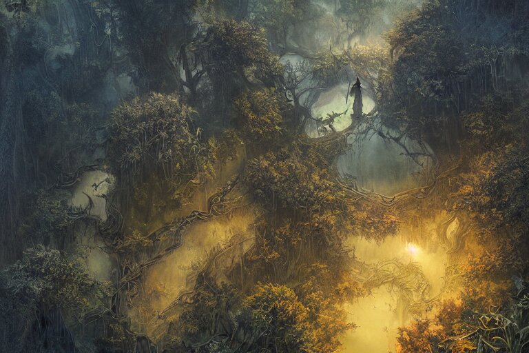 aerial view, fantasy painting, dungeons and dragons, a faerie village hovels, swamp reeds wetland marsh sunset estuary, with ominous shadows, an egret by jessica rossier and brian froud cinematic painting 