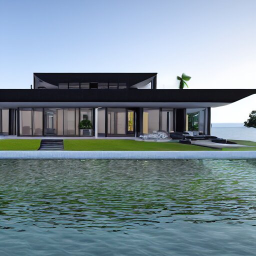 a black modern mansion on an island by itself, award winning, 8k, ultra realistic,