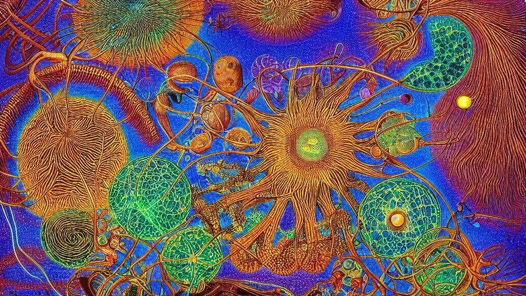 quantum connections represented as symbiotic organisms like cells playing around with colorful lights by ernst haeckel, smooth, sharp, realistic 