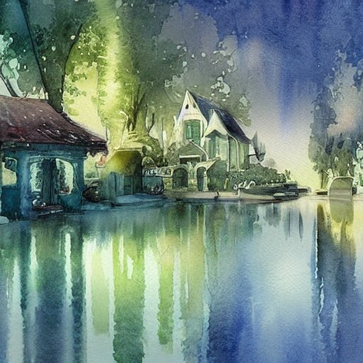 Beautiful happy picturesque charming sci-fi town in harmony with nature. Beautiful light. Water and plants. Nice colour scheme, soft warm colour. Beautiful detailed artistic watercolor by Vincent. (2022)