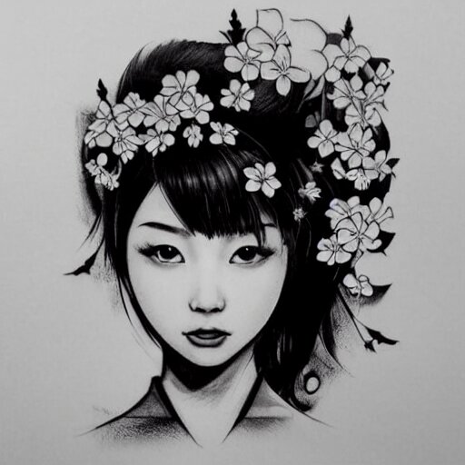 tattoo design, stencil, traditional, beautiful portrait of a Asian girl with flowers in her hair, upper body, by artgerm, artgerm, digital art, cat girl, sexy