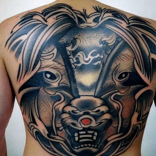 photograph of a Japanese back tattoo, colourful ink, traditional Japanese pattern depicting a werewolf, highly-detailed, beautiful, award winning, 8k