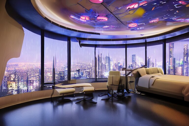 a futuristic bedroom with large curved ceiling high windows looking out to a far future cyberpunk cityscape, cyberpunk neon lights, raining, scifi