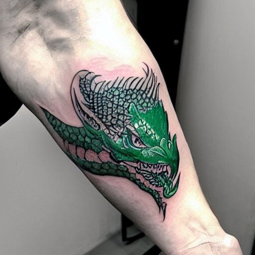 Arm tatoo of a dragon starting from the elbow, wrapping around the wrist in a downward spiral, emerald placed inside of the dragons mouth