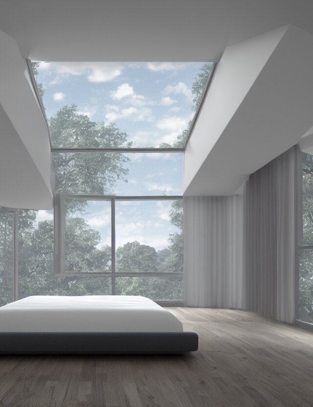 an ultra wide angle photo of a floating bed hovering above the floor in the middle of a giant bedroom with tons of windows opening to other dimensions byandrzej sykut and lee madgewick and m. c. escher!!!!, photorealistic, octane render, recursive!!!!, flowing, cascading, multiverse!!!!!!, labyrinthine 