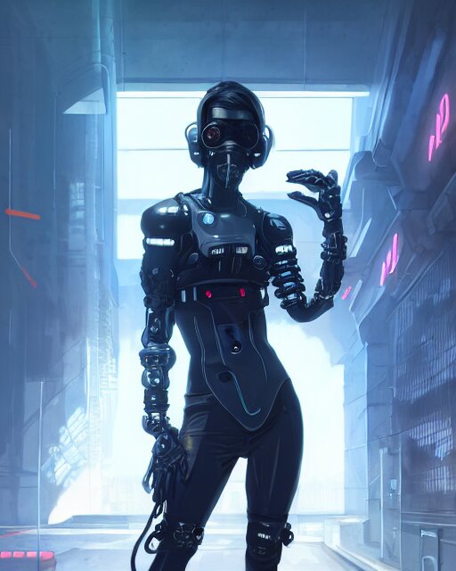 lady assassin wearing cyberpunk streetwear, respirator, cybernetic arms, detailed portrait, 4 k, vivid colours, concept art by wlop, ilya kuvshinov, artgerm, krenz cushart, greg rutkowski, pixiv. cinematic dramatic atmosphere, sharp focus, volumetric lighting, cinematic lighting, studio quality 