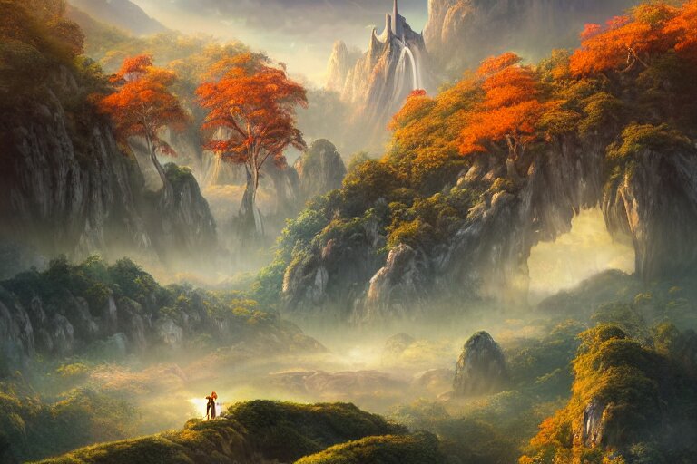 A large glowing Chinese temple, daybreak morning lighting, amazing cinematic concept painting,  by Jessica Rossier, Gleaming White, overlooking a valley, Himeji Rivendell Garden of Eden, autumn maples, wildflowers and grasses, terraced orchards and ponds, lush fertile fecund, fruit trees, by Brian Froud by Beksinski