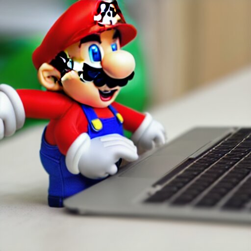 photo of super mario working on his macbook, highly detailed, extremely high quality, hd, 4 k, 8 k, professional photographer, 4 0 mp, lifelike, top - rated, award winning, realistic, detailed lighting, detailed shadows, sharp, no blur, edited, corrected, trending 