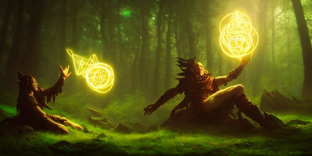 magic : the gathering art of a mythical forest god rolling a d 6 dice, glowing energy, fantasy magic, by willian murai and jason chan, sharp focus, cinematic, rule of thirds, foresthour 