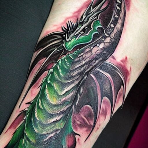 dark and vibrant fantasy dragon!!! drake wyvern, black and emerald dragon!!, forearm tattoo