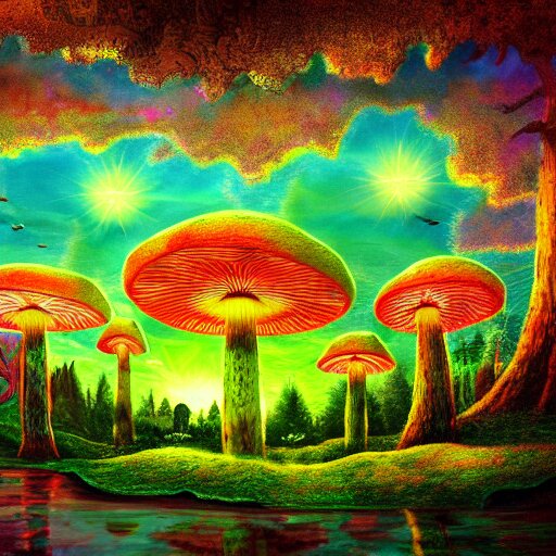 psychedelic mushroom kingdom, dmt, landscape, river, trending on artstation, detailed, realistic, photo