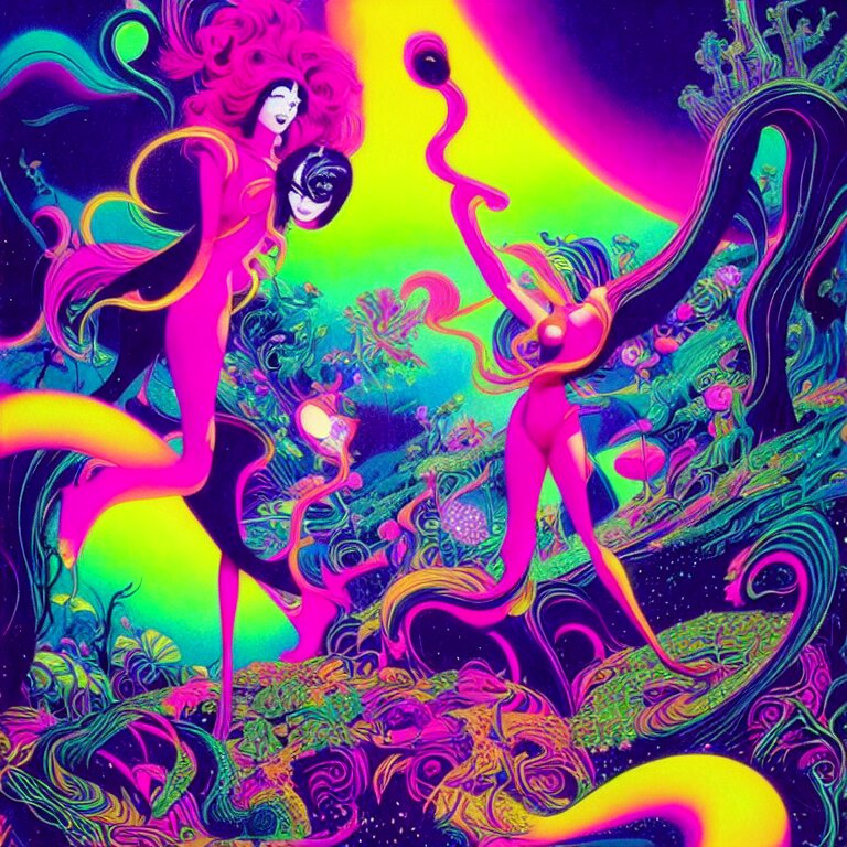 cosmic girl, infinite fractal dimensions, bright neon colors, highly detailed, cinematic, eyvind earle, tim white, philippe druillet, roger dean, lisa frank, aubrey beardsley 