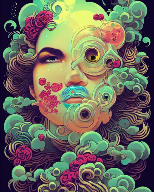 flowery face tattoos, by petros afshar, ross tran, peter mohrbacher, tom whalen, underwater bubbly psychedelic clouds 