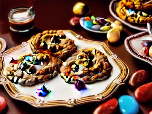 opulent banquet of plates of freshly baked chocolate chip cookies, jelly beans, chocolate sauce, marshmallows, highly detailed, food photography, art by rembrandt 