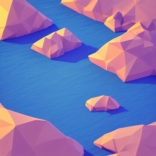 isometric low - poly art of a sandy beach, soft lighting 