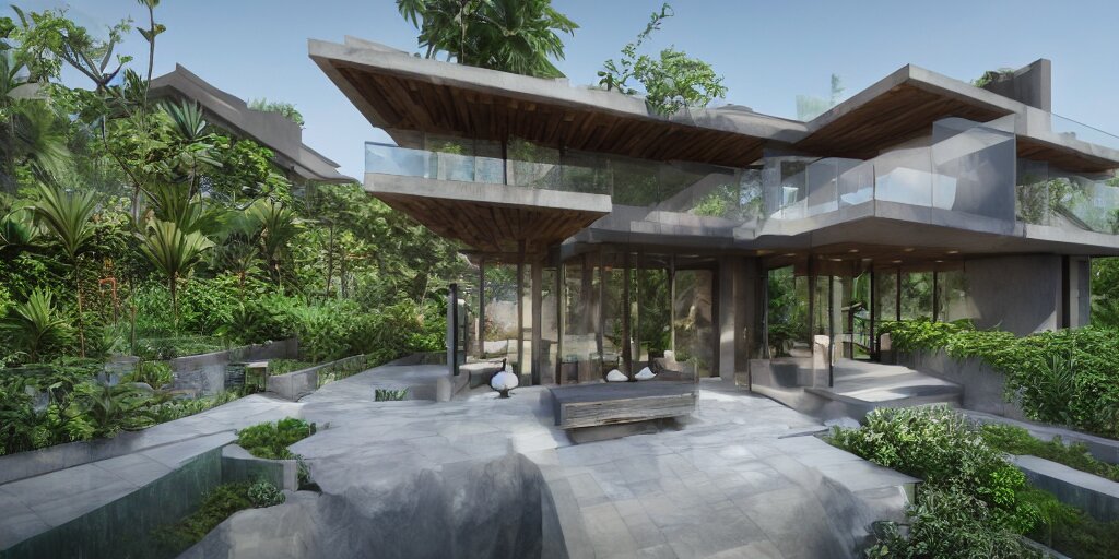 3d rendering  of beautiful nature meets architecture concept of a residential house. balinese architecture, volumetric lighting, high detail, 14mm,  glass railing, outdoor staircase, terraces, roof garden, cinematic photography, cg architects,  high resolution