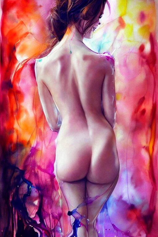 sexy lacivious shy smiling sophia vergara by agnes cecile enki bilal moebius, intricated details, 3 / 4 back view, hair styled in a bun, bend over posture, full body portrait, extremely luminous bright design, pastel colours, drips, autumn lights 