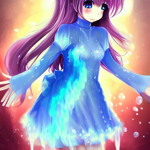 advanced digital art a very cute anime girl wearing a dress made of water turning into mist standing in a crystal lake full body WLOP RossDraws Totorl Sakimimichan