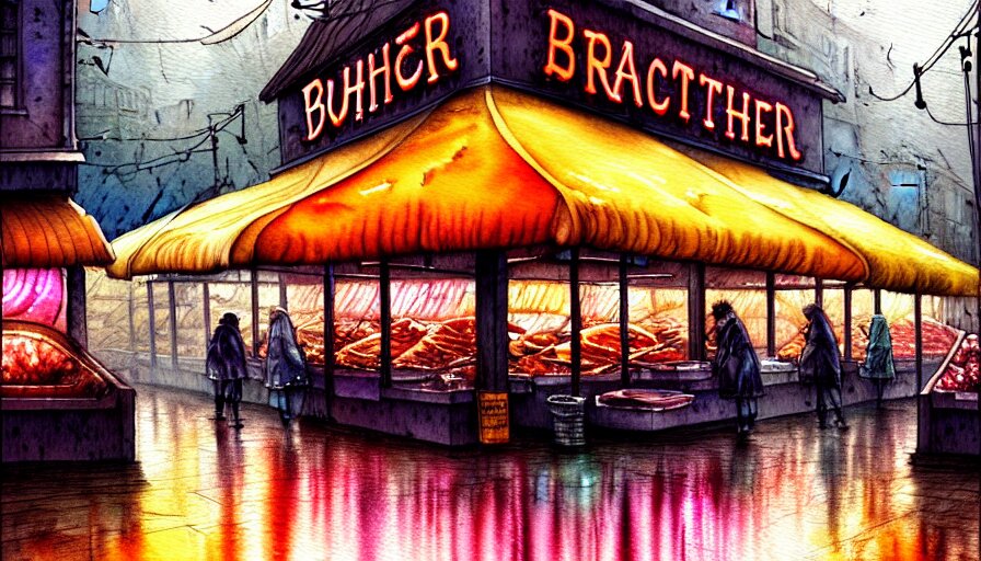 watercolor painting of a butcher shop, raining, busy street, romantisism, outrun, pastel colors, painting, moody, detailed, by android jones 