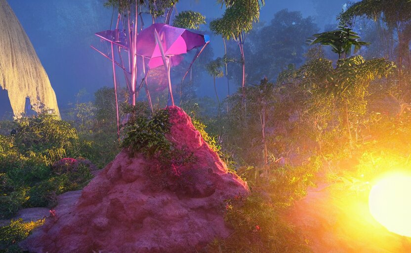 a crystal tetrahedron!!! in the middle of ancient ruins in a lush prehistoric jungle, inside a humongous cave, red and magenta flowers, sunset, godrays, orange and blue sky, haze, volumetric lighting, a high - quality render, photorealistic, unreal engine 5 