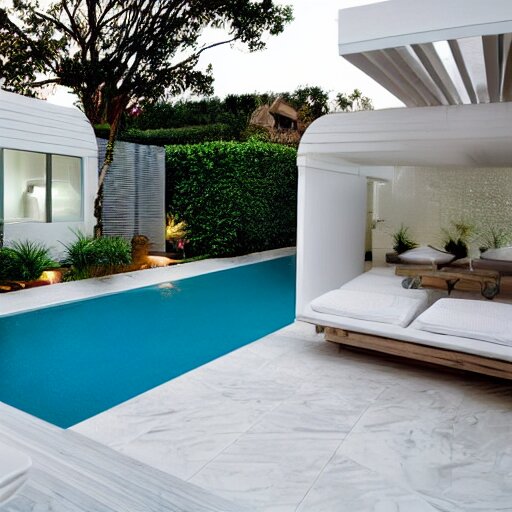 luxury elongated small backyard, all white, modern hut at the back, ceramic floor, small pool 