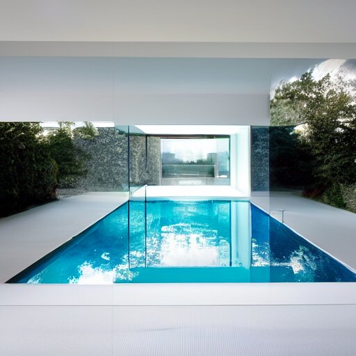 a new swimming pool in a large white room with a door that leads to a gray room with on light on in it. dream like. 