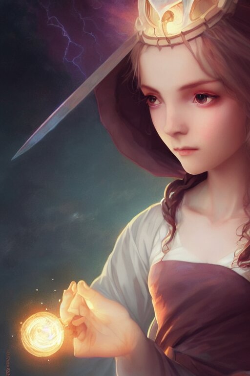 a cute wizard girl conjuring a lightening ball, character art portrait, anime key visual, official media, illustrated by tom bagshaw, wlop, william bouguereau, extremely detailed, 8 k, trending on artstation, cinematic lighting, beautiful 