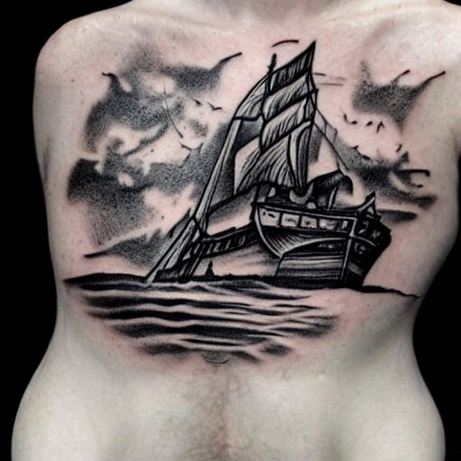 pirate ship on a deserted island, realism tattoo drawing, hyper realistic, shaded